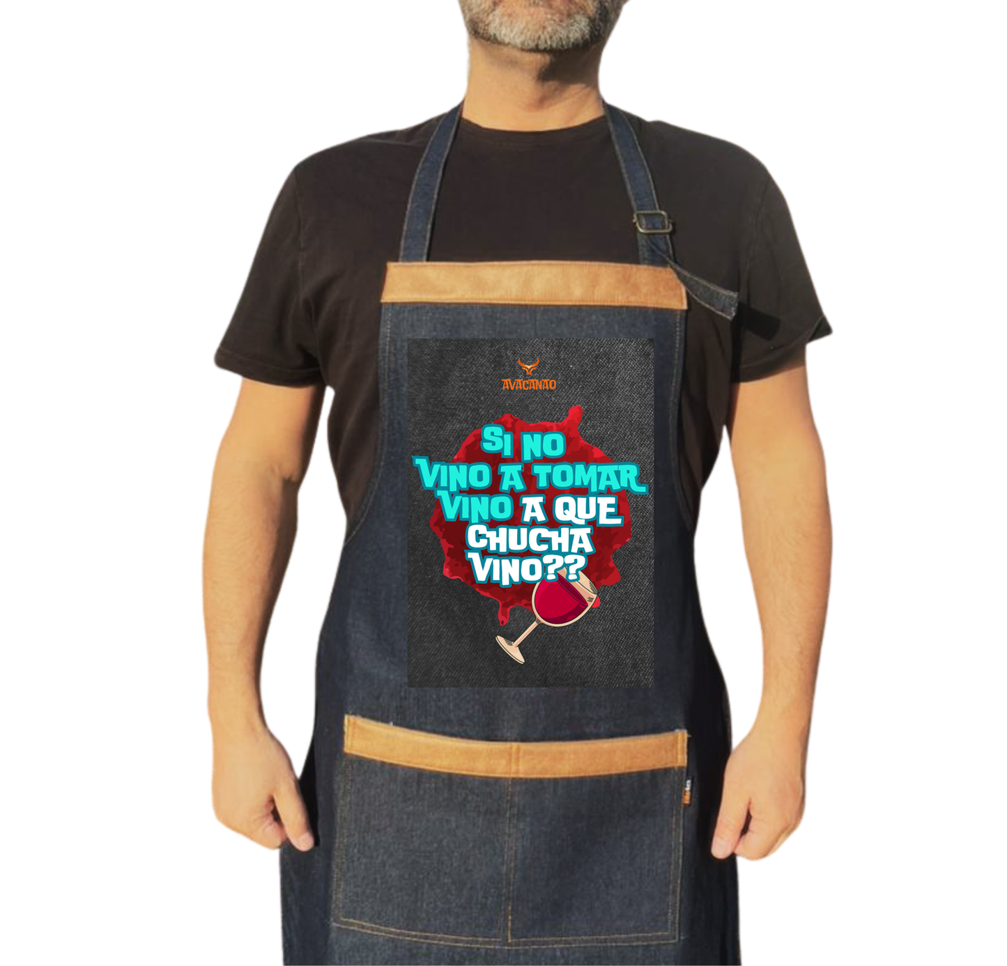 Pechera jeans con frase típica chilena "Si no vino a tomar vino a que chucha vino?"