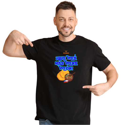 Polera Polo negra 100% algodón con frase típica chilena "Que weá más wena weón"