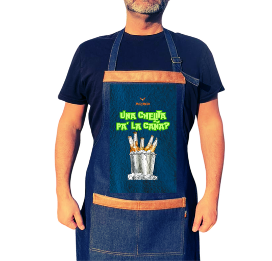 Pechera jeans con frase típica chilena "Una chelita pa la caña?"