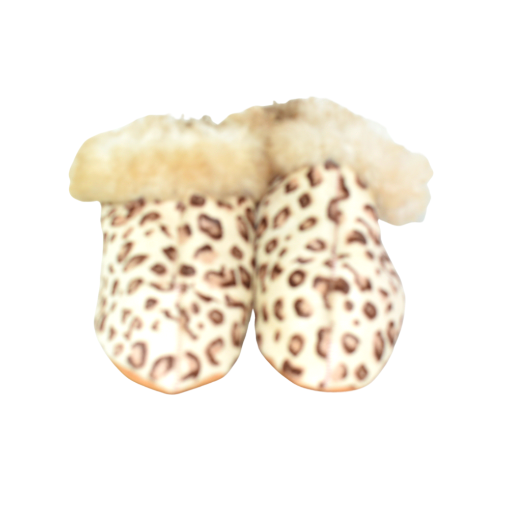 Pantuflas Cuero y Lana Animal Print Blancas