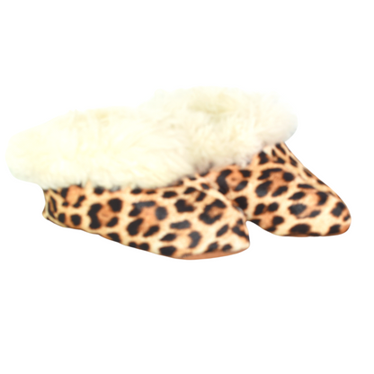 Pantufla Cuero y Lana Animal Print Café Claro