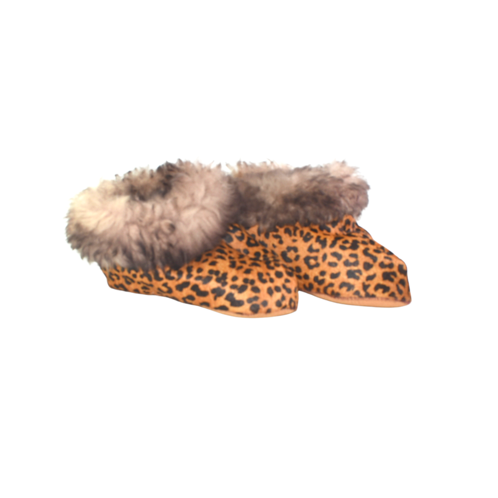 Pantufla de Cuero y Lana Animal Print Caramelo