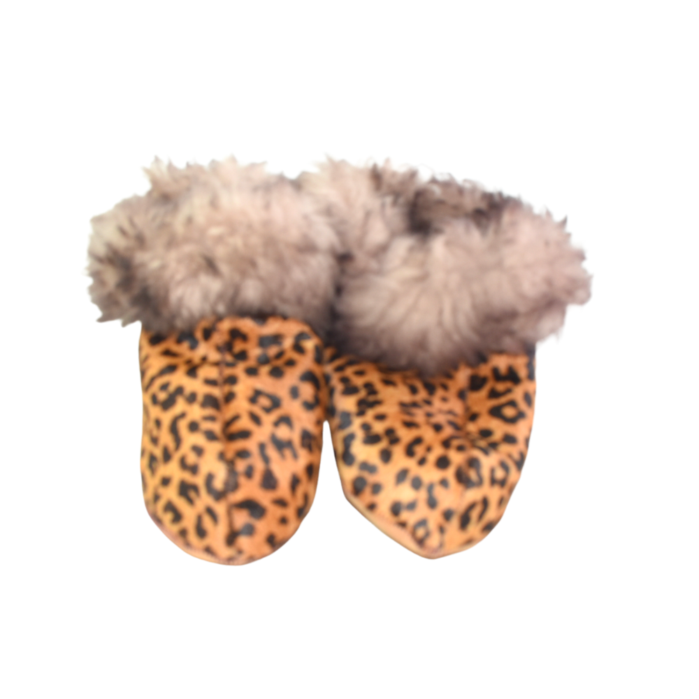 Pantufla de Cuero y Lana Animal Print Caramelo